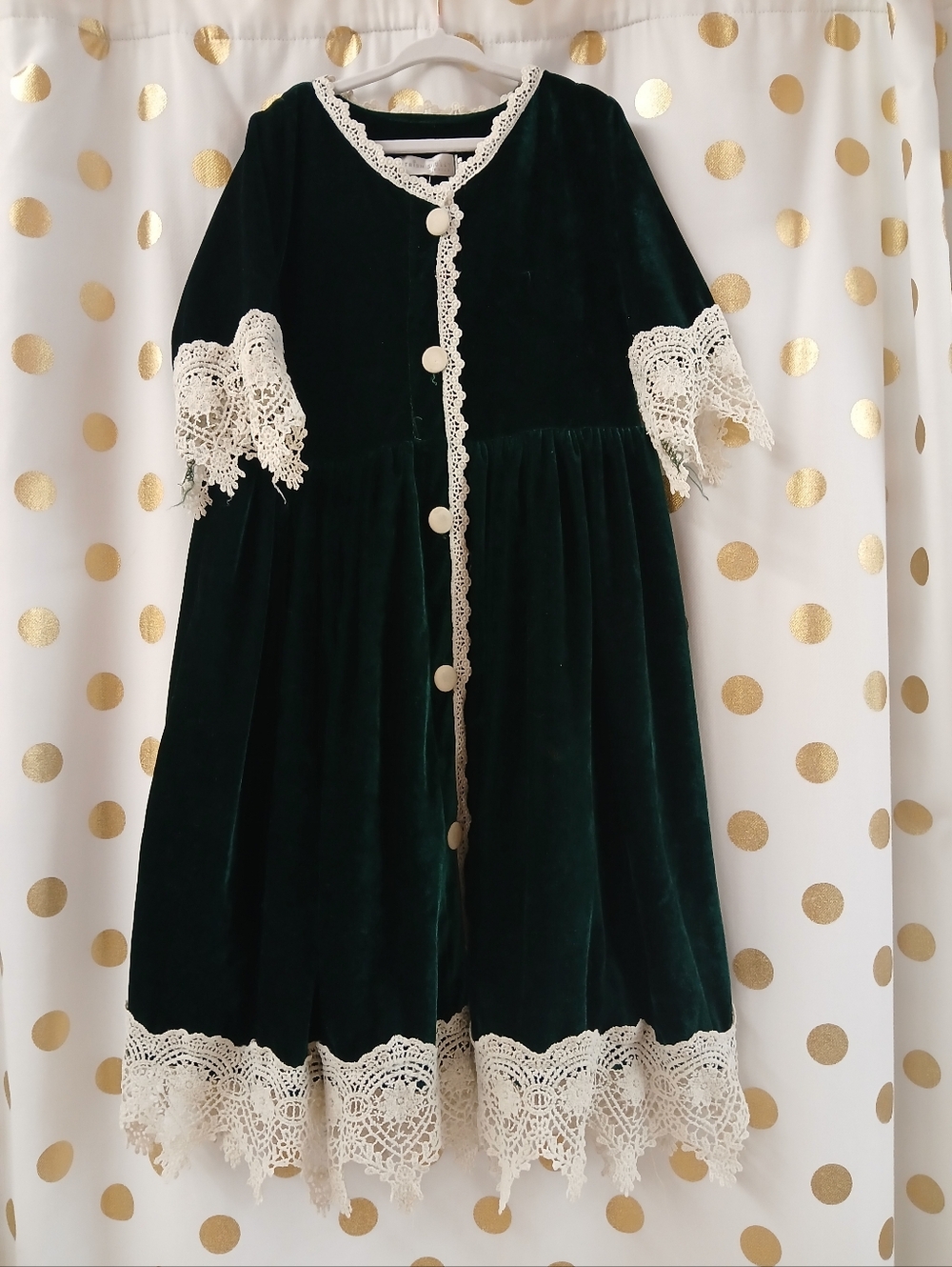 Trish Scully Dark Green Velvet Dress with Ivory Lace Trim Sz 8